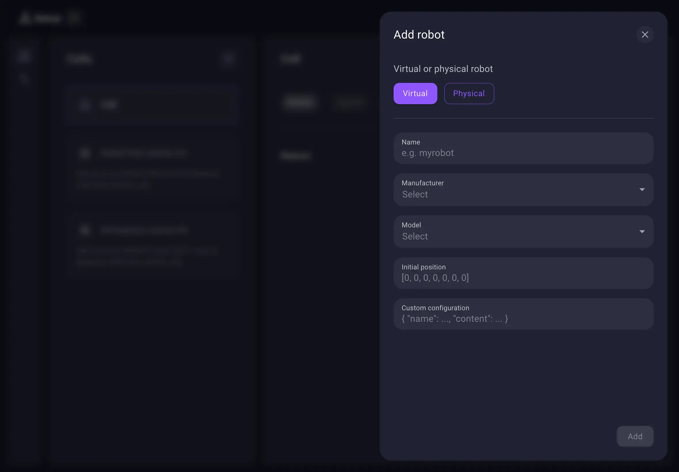 Robot details to add a robot.