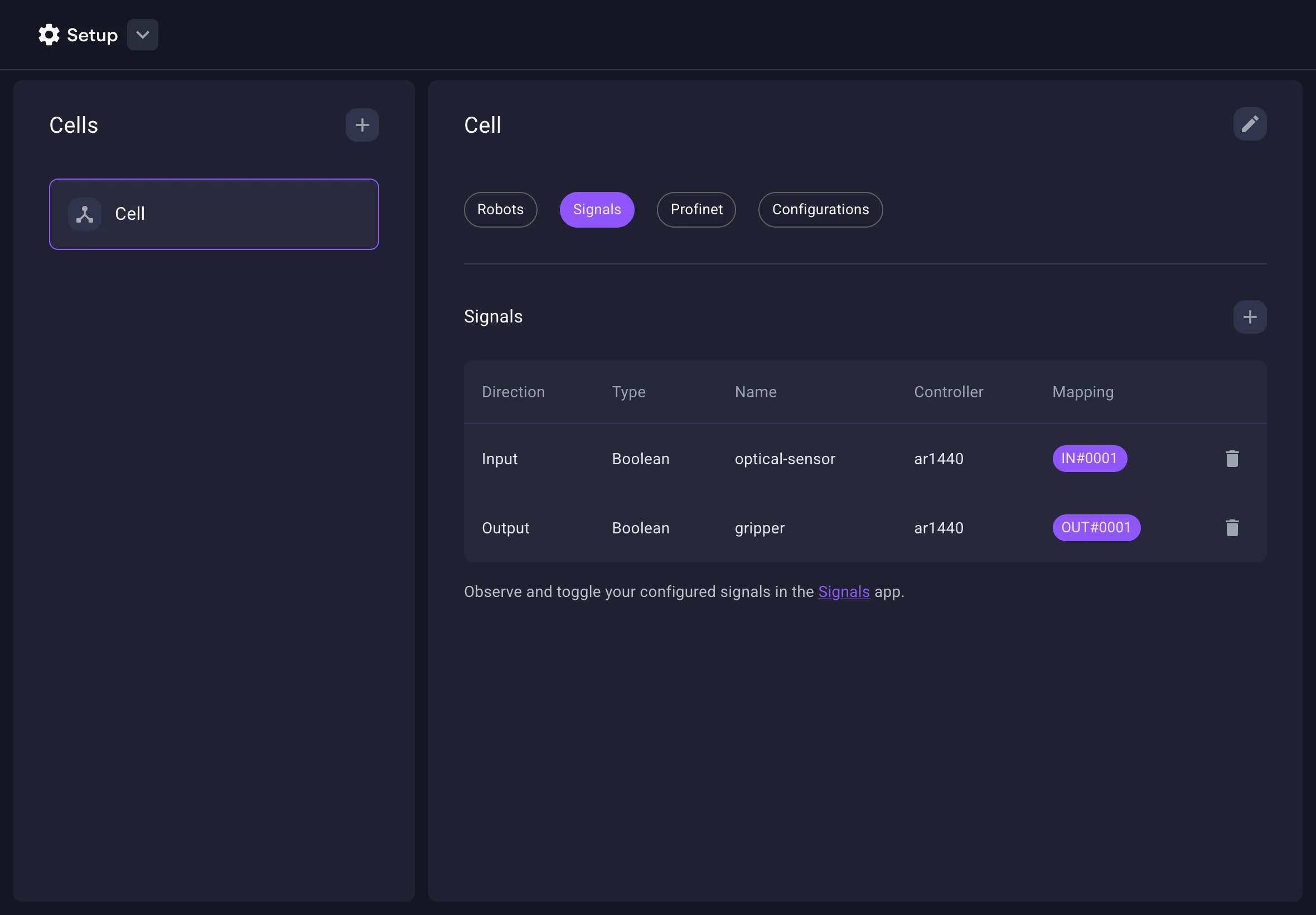 Setup app showing signal overview