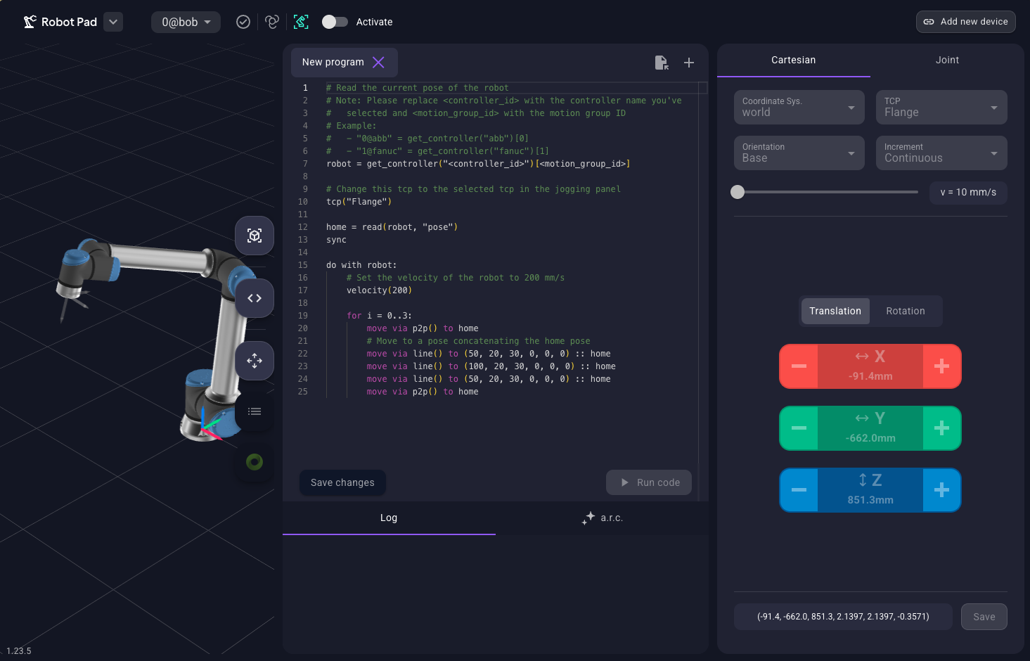 Visualized robot, control panel and code editor.