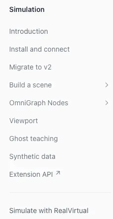 Sidebar featuring the simulation section with NVIDIA simulation documentation at top level, underneath the simulate with realvirtual, light mode