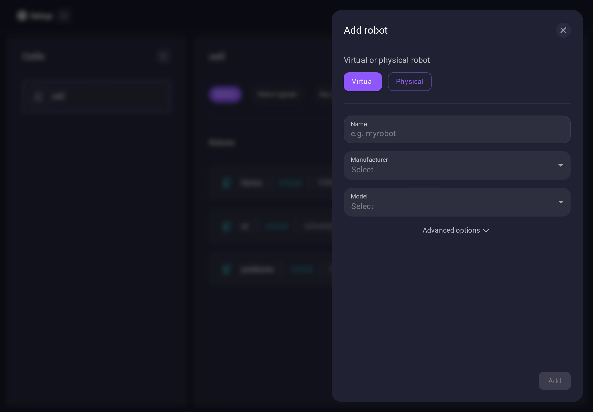 Robot details to add a robot.