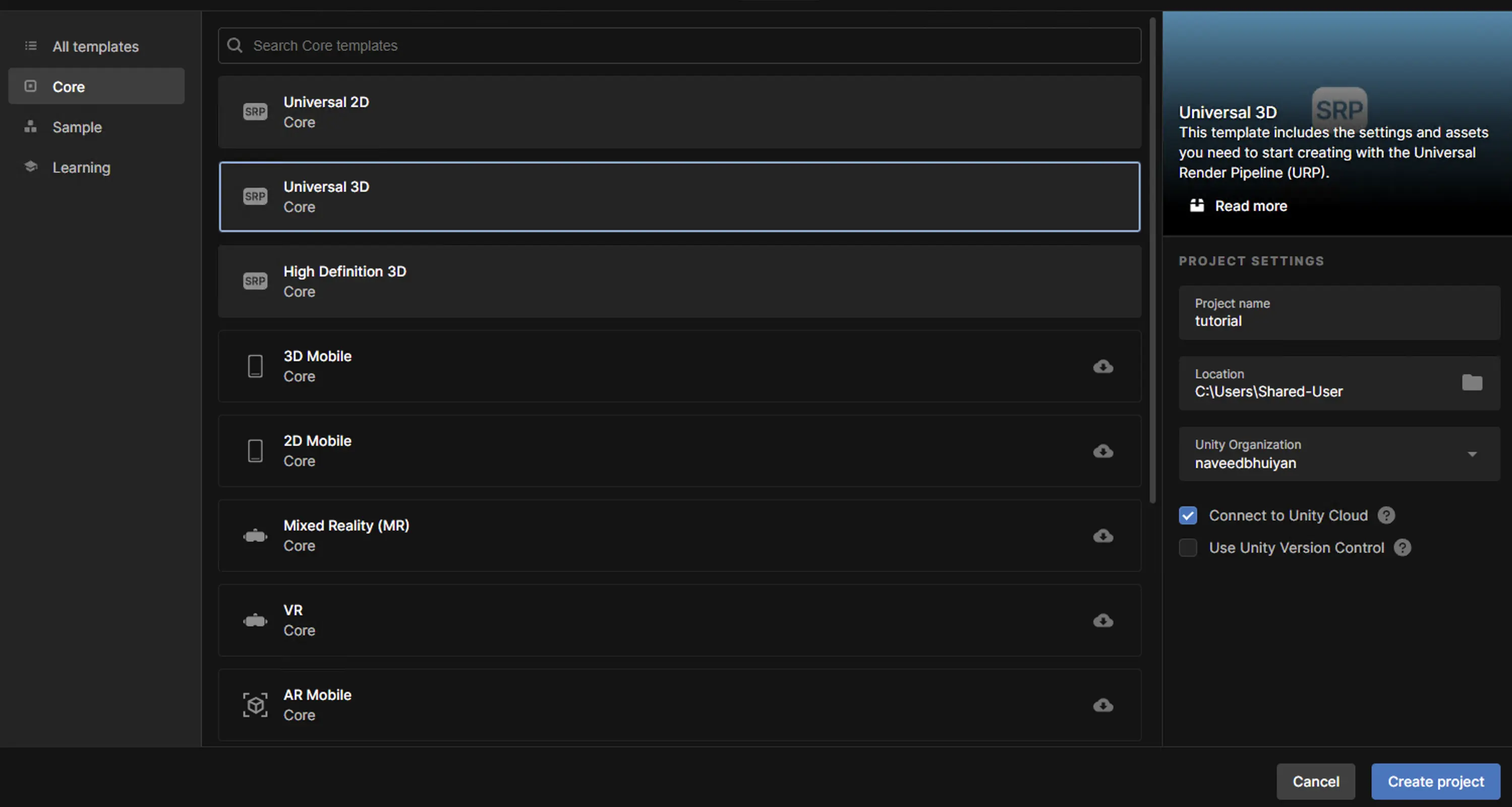 create project in unity hub; node