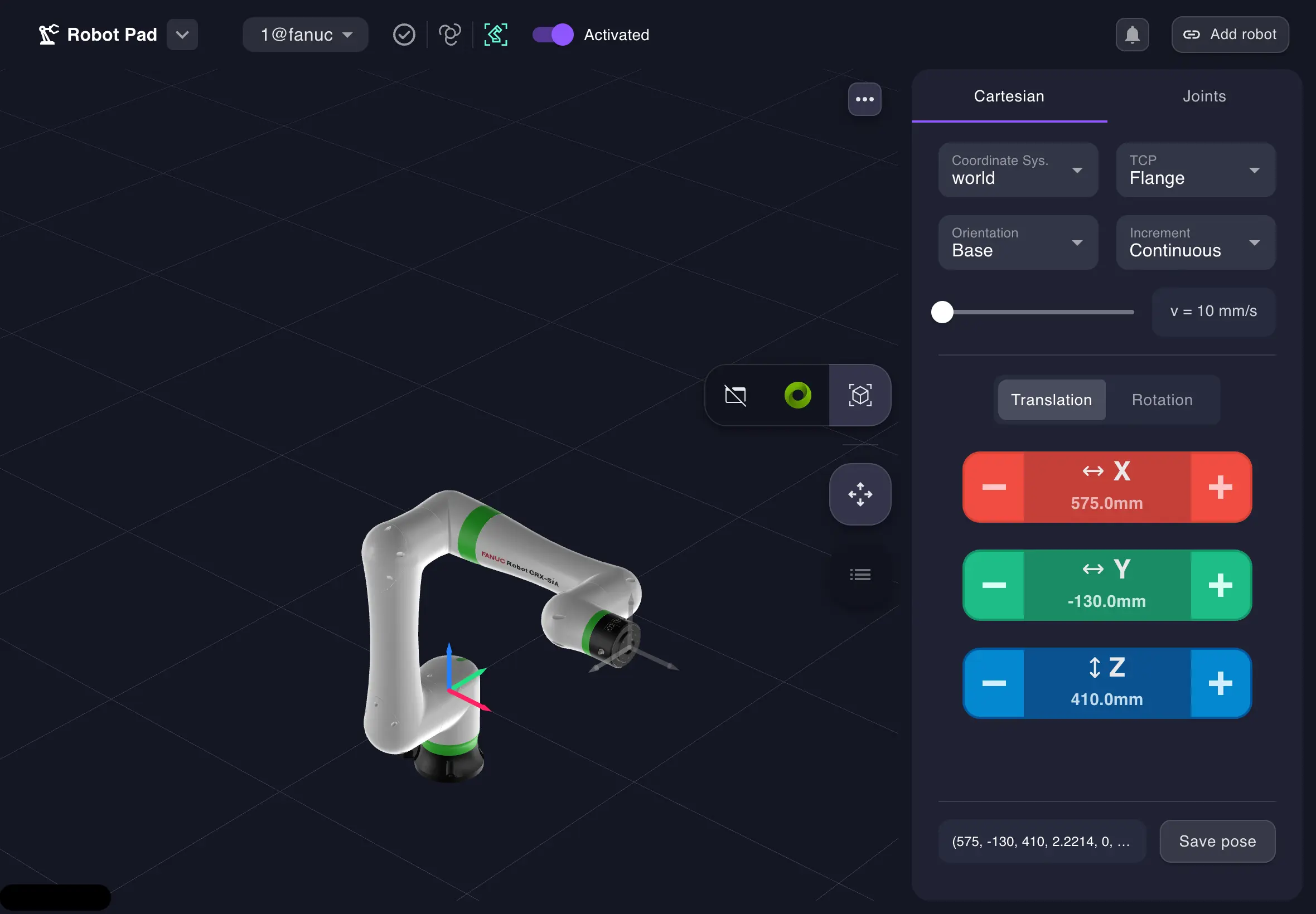Visualized robot, control panel and code editor.