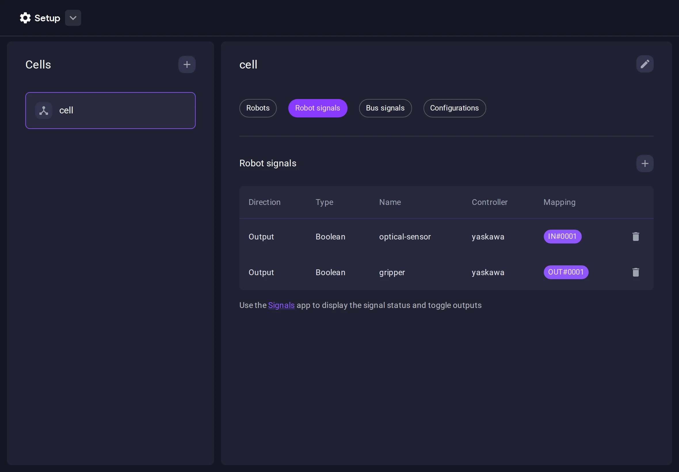Setup app showing signal overview