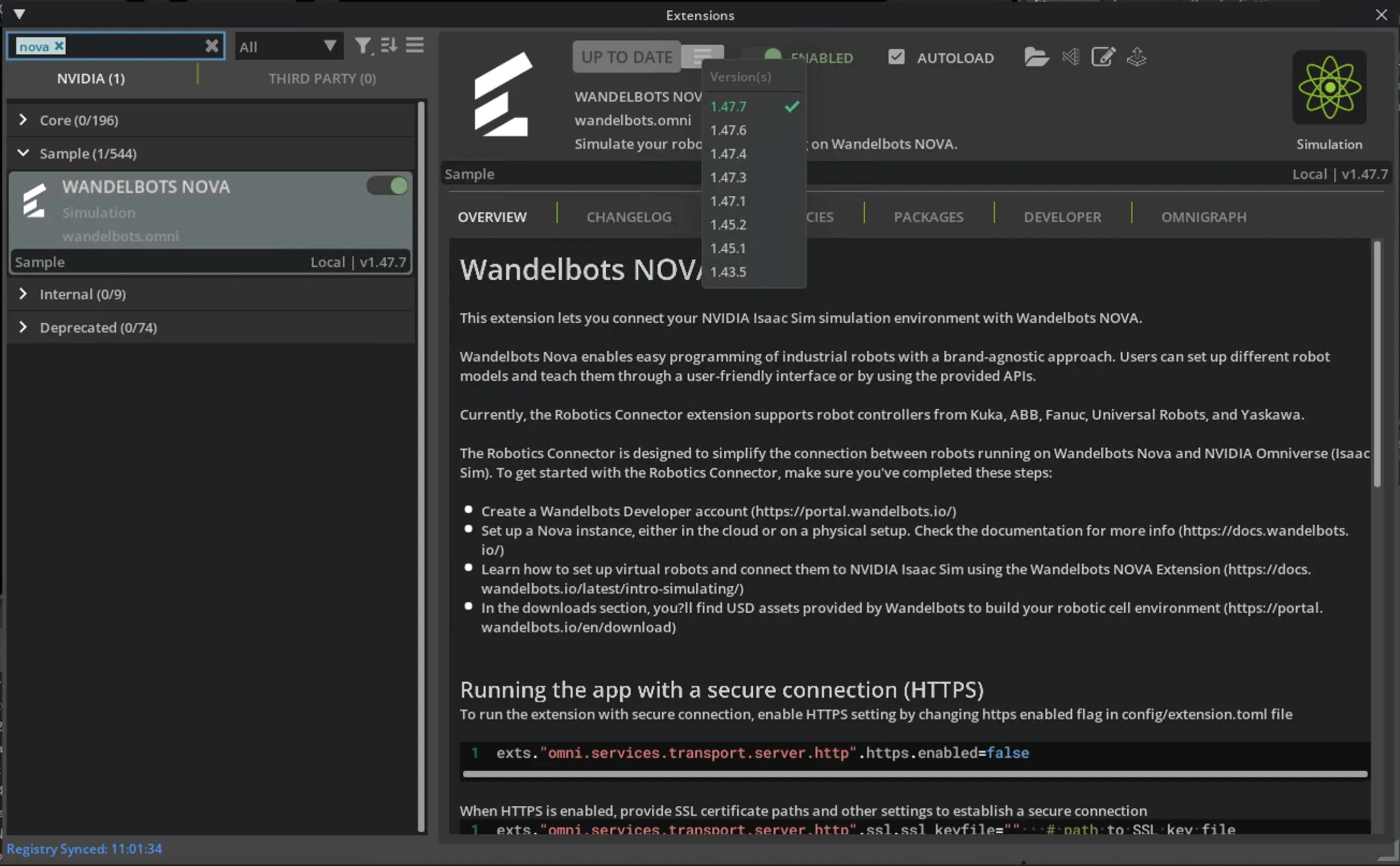 Dropdown menu for Wandelbots NOVA extension version in NVIDIA Isaac Sim™ Marketplace.