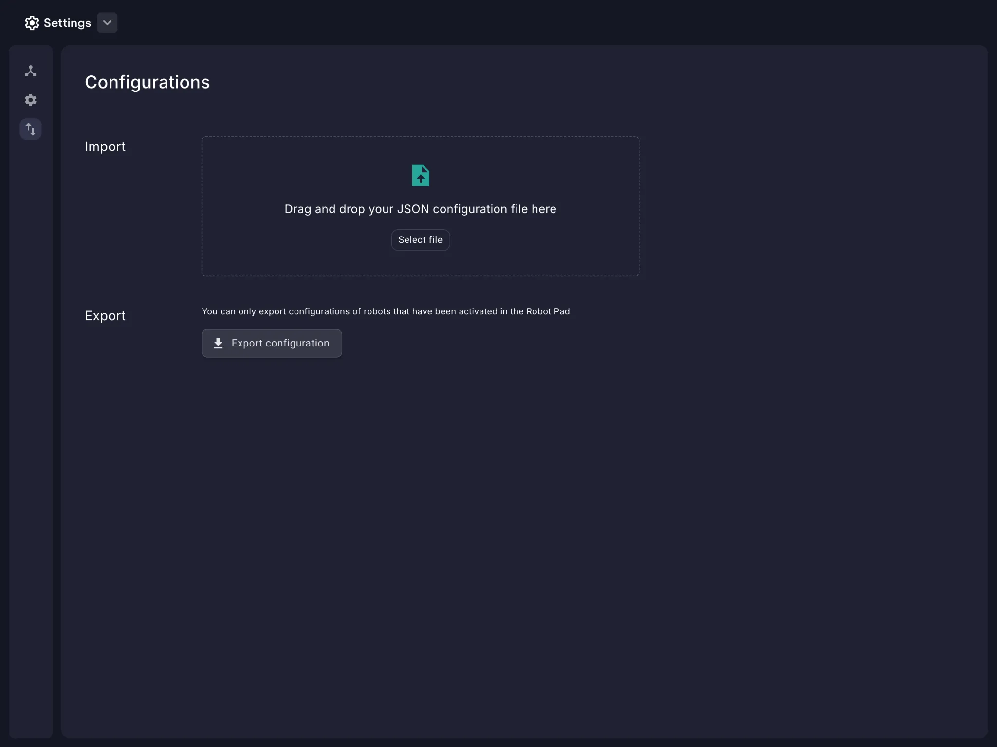 Configurations screen in NOVA settings